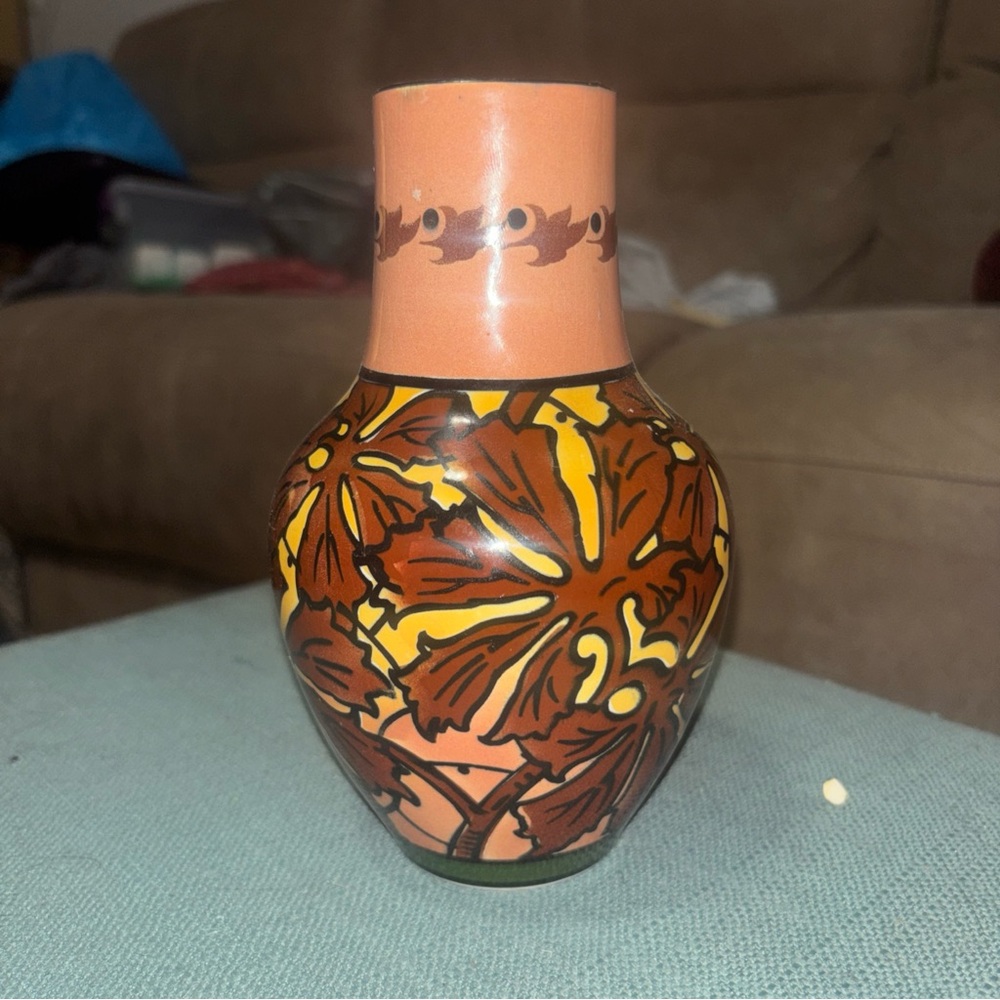 Antique Artisan Floral Ceramic Vase in Brown and Yellow